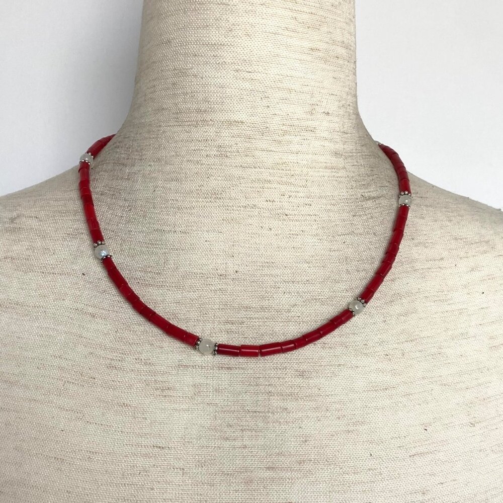 Sterling Silver 925 Red Coral & Moonstone Beaded Necklace Toggle Clasp 18.5"